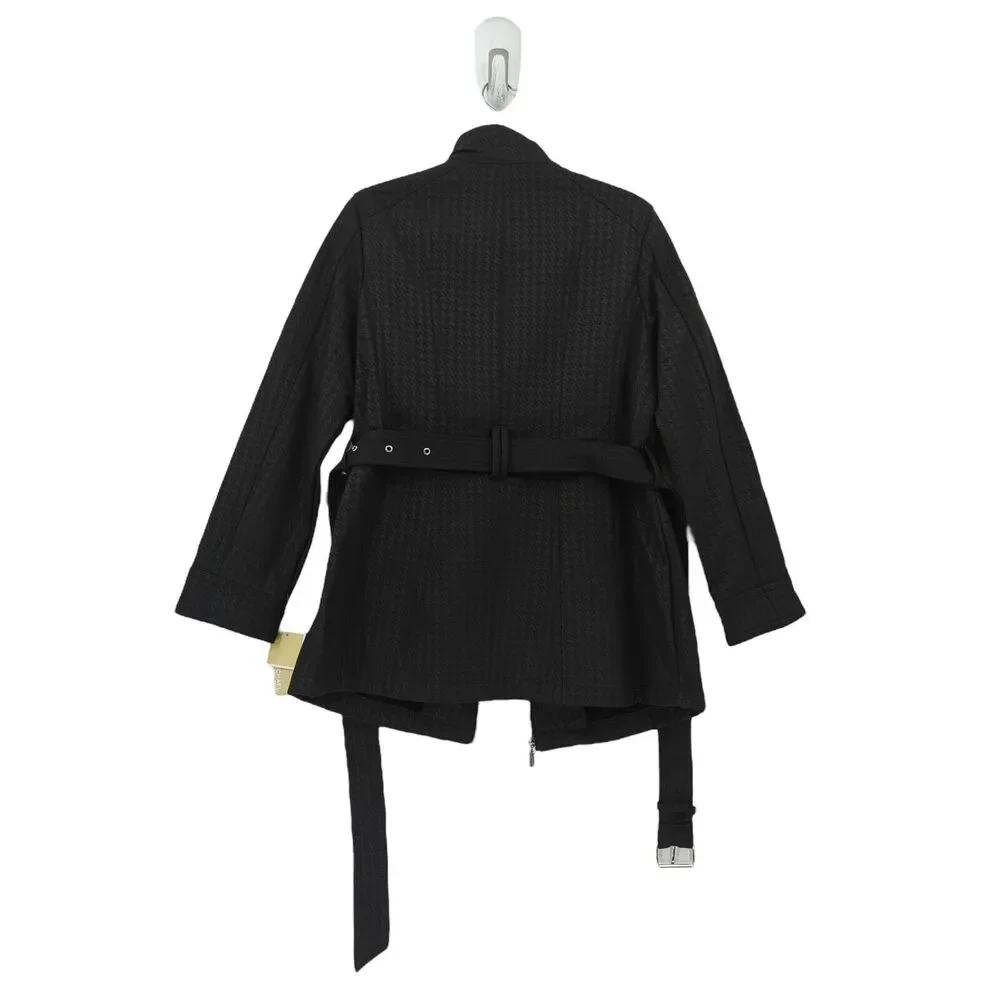 MICHAEL KORS Women L Missy Jacket Black Houndstooth Belted Faux Leather Trim NEW